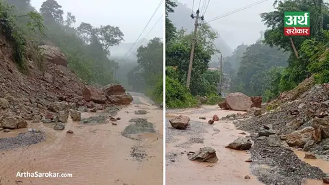 पहिरोले पृथ्वी राजमार्ग अवरुद्ध, सिमलतालमा त्रिशूलीको कटानले सडक भासियो